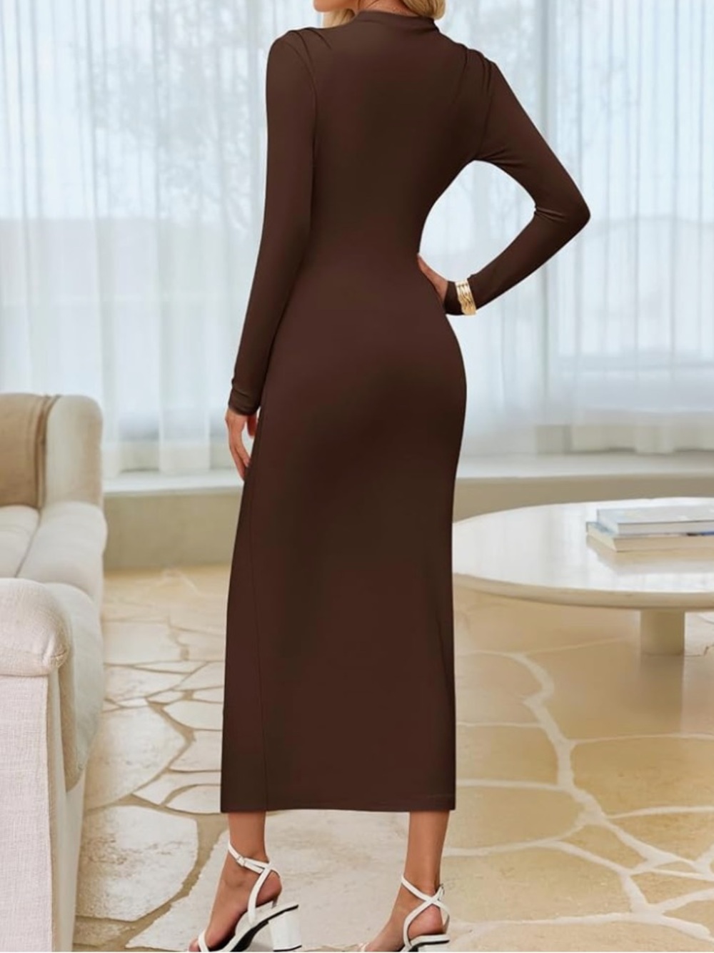 NWT ZESICA brown, long sleeve mock neck, detailed mid dress size M. - Picture 3 of 12
